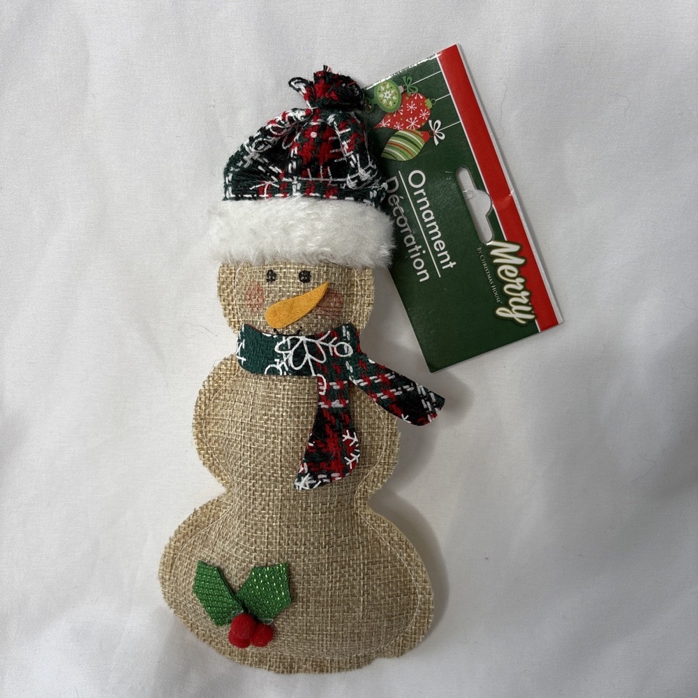 Snowman Burlap Christmas‎ Tree Ornament Merry By Christmas House NEW